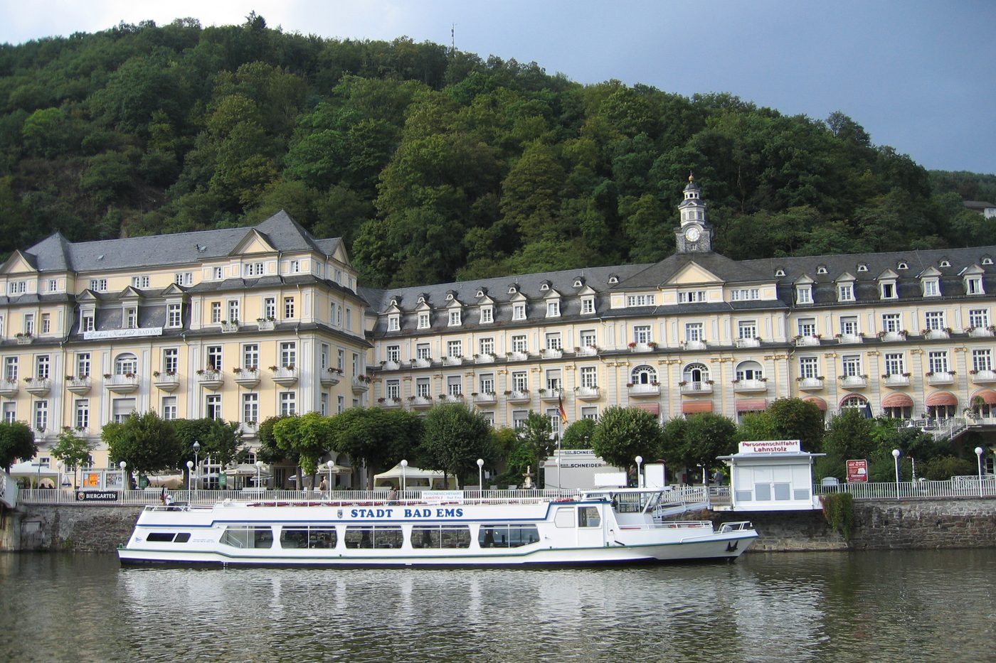 River front of the Kurhaus at Bad Ems on the Lahn with an excursion boat